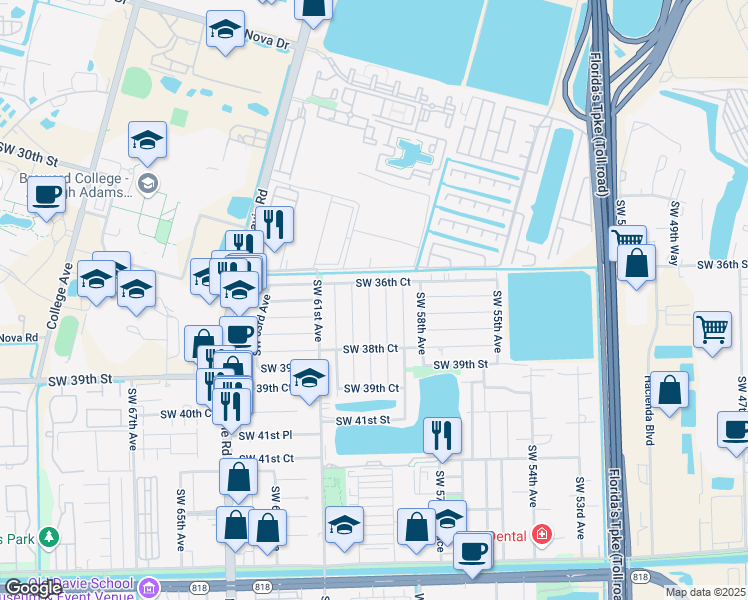 map of restaurants, bars, coffee shops, grocery stores, and more near 3686 Southwest 59th Terrace in Davie