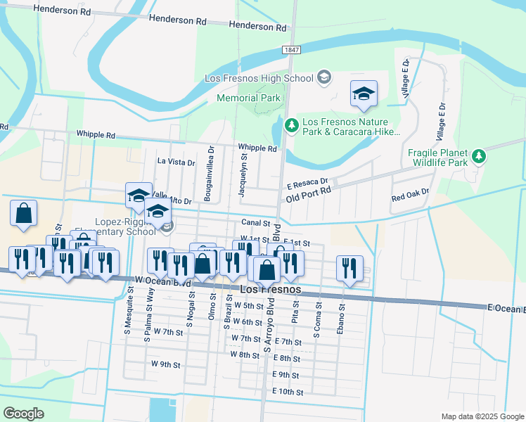 map of restaurants, bars, coffee shops, grocery stores, and more near 113 N Canal St in Los Fresnos