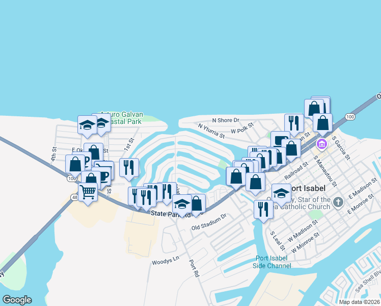 map of restaurants, bars, coffee shops, grocery stores, and more near 1101 Pompano Avenue in Port Isabel