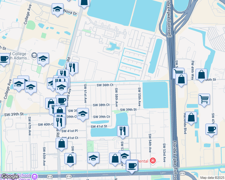 map of restaurants, bars, coffee shops, grocery stores, and more near 3700 Southwest 58th Terrace in Davie