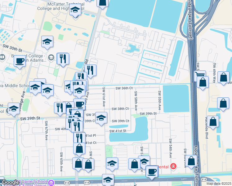 map of restaurants, bars, coffee shops, grocery stores, and more near 3686 Southwest 59th Terrace in Davie