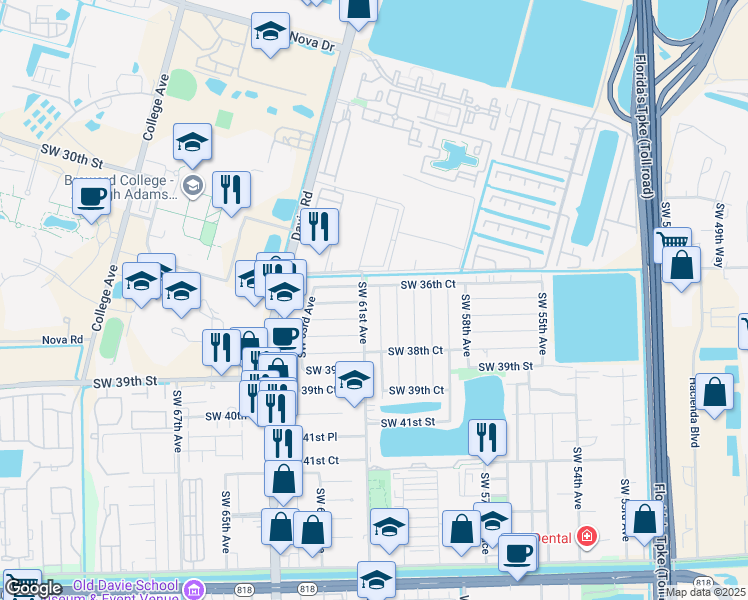 map of restaurants, bars, coffee shops, grocery stores, and more near 3682 Southwest 60th Terrace in Davie