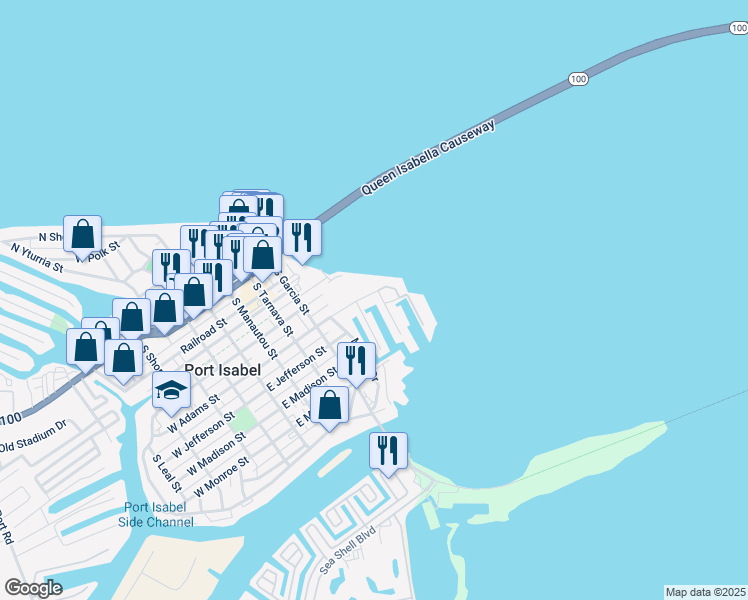 map of restaurants, bars, coffee shops, grocery stores, and more near 159 Queens Point Drive in Port Isabel