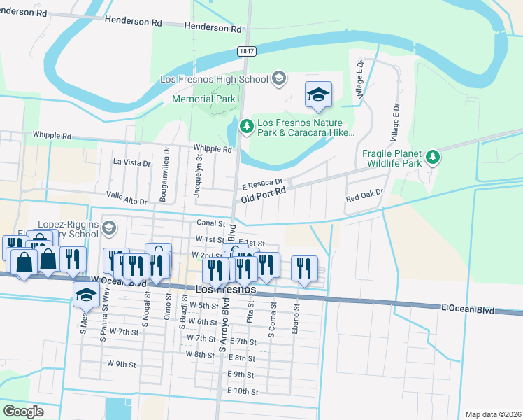 map of restaurants, bars, coffee shops, grocery stores, and more near 108 Ebony Street in Los Fresnos