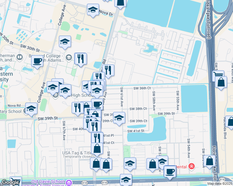map of restaurants, bars, coffee shops, grocery stores, and more near 203 Southwest 37th Street in Davie