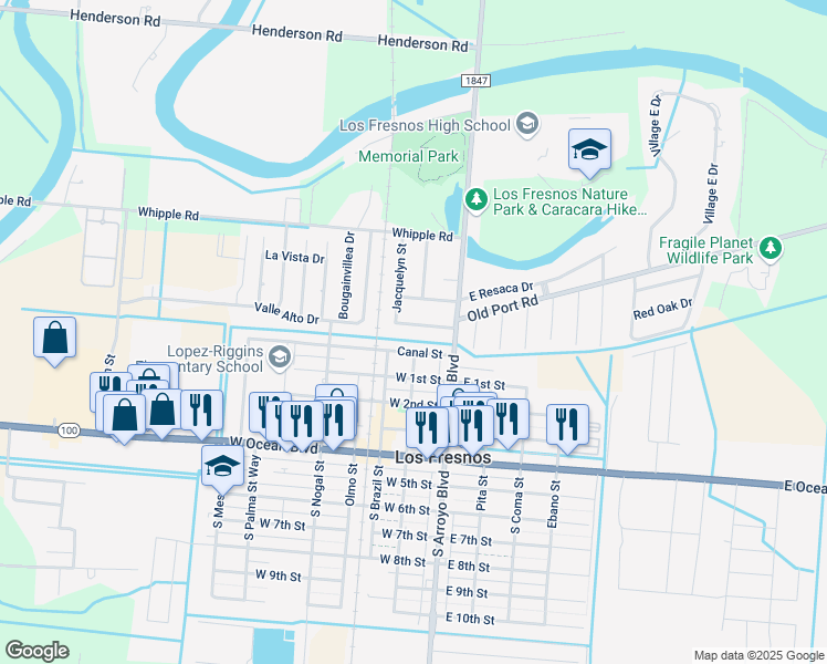 map of restaurants, bars, coffee shops, grocery stores, and more near 113 North Canal Street in Los Fresnos