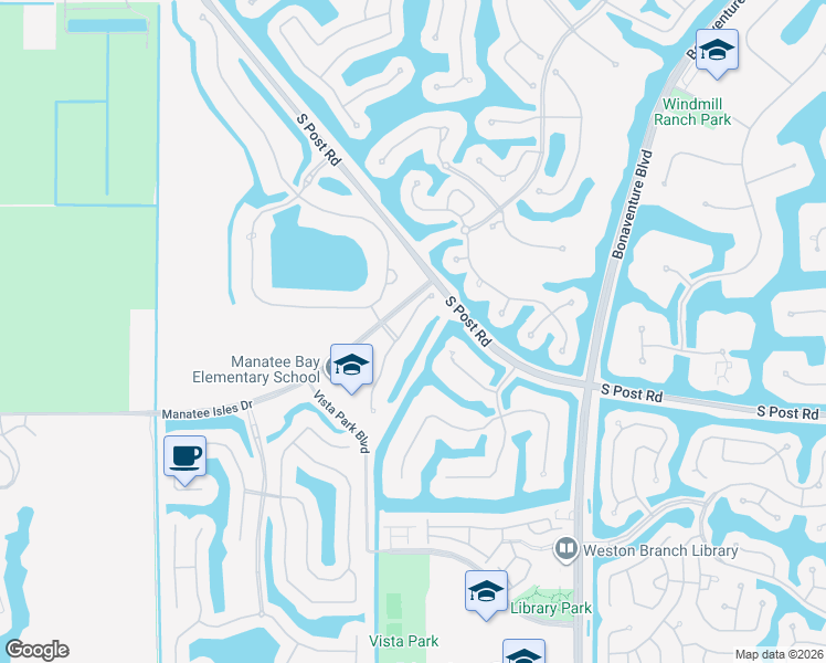 map of restaurants, bars, coffee shops, grocery stores, and more near 19032 Park Ridge Street in Weston