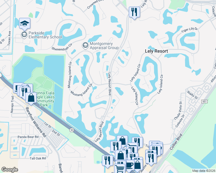 map of restaurants, bars, coffee shops, grocery stores, and more near 8502 Mustang Drive in Naples