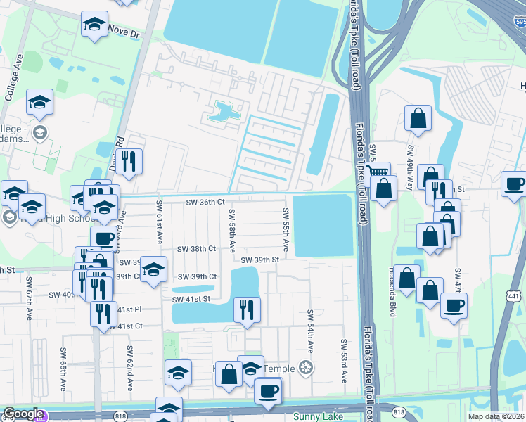map of restaurants, bars, coffee shops, grocery stores, and more near 5600 Southwest 37th Street in Davie