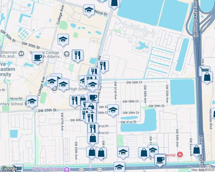 map of restaurants, bars, coffee shops, grocery stores, and more near 203 Southwest 37th Street in Davie