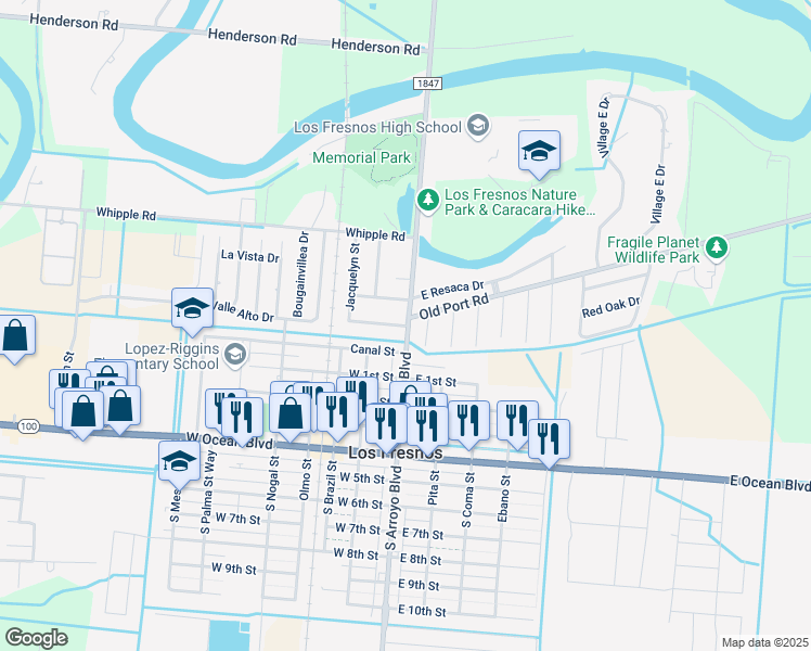 map of restaurants, bars, coffee shops, grocery stores, and more near 297 North Canal Street in Los Fresnos