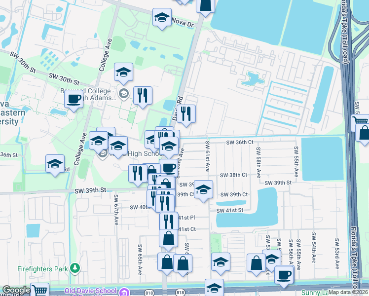 map of restaurants, bars, coffee shops, grocery stores, and more near 6211 Southwest 37th Street in Davie