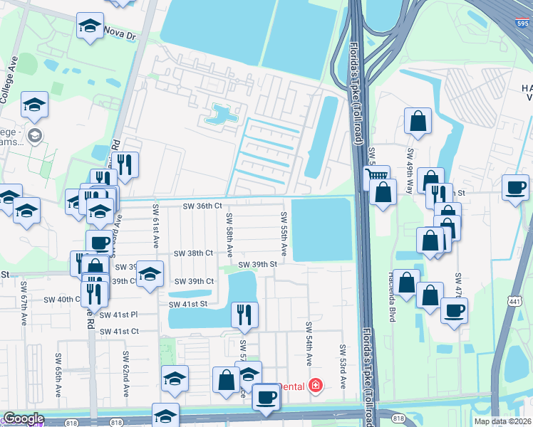map of restaurants, bars, coffee shops, grocery stores, and more near 5600 Southwest 37th Street in Davie