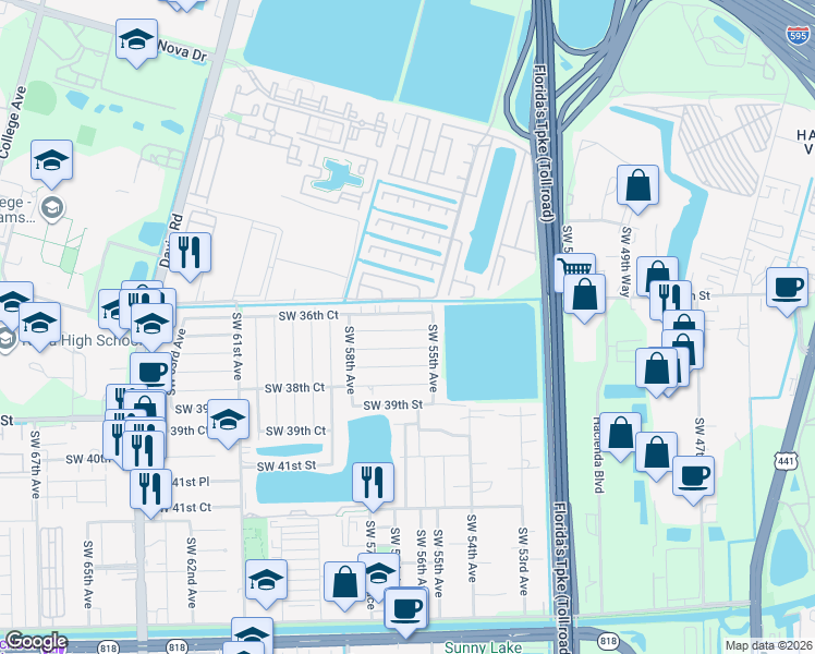 map of restaurants, bars, coffee shops, grocery stores, and more near 5600 Southwest 37th Street in Davie