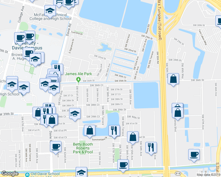 map of restaurants, bars, coffee shops, grocery stores, and more near 5720 Southwest 37th Street in Davie
