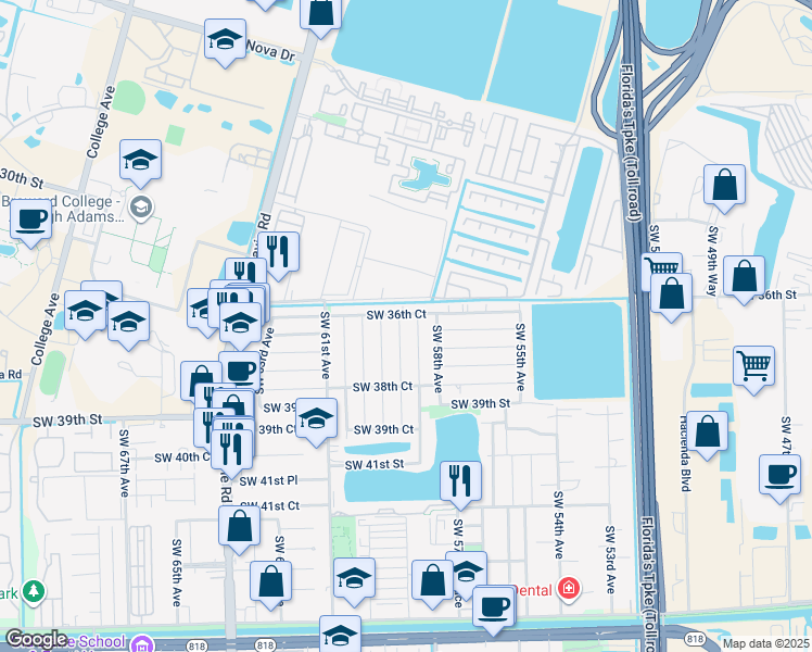map of restaurants, bars, coffee shops, grocery stores, and more near 3700 Southwest 58th Terrace in Davie