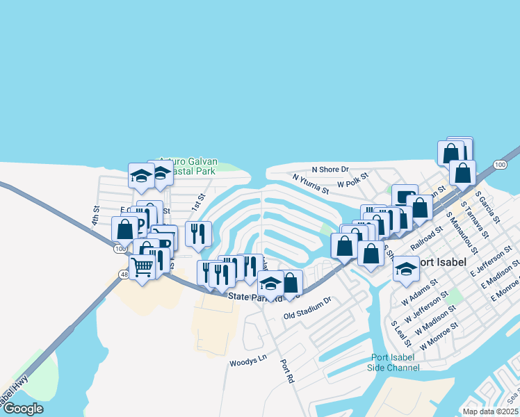 map of restaurants, bars, coffee shops, grocery stores, and more near 1303 Harbor Island Drive in Port Isabel