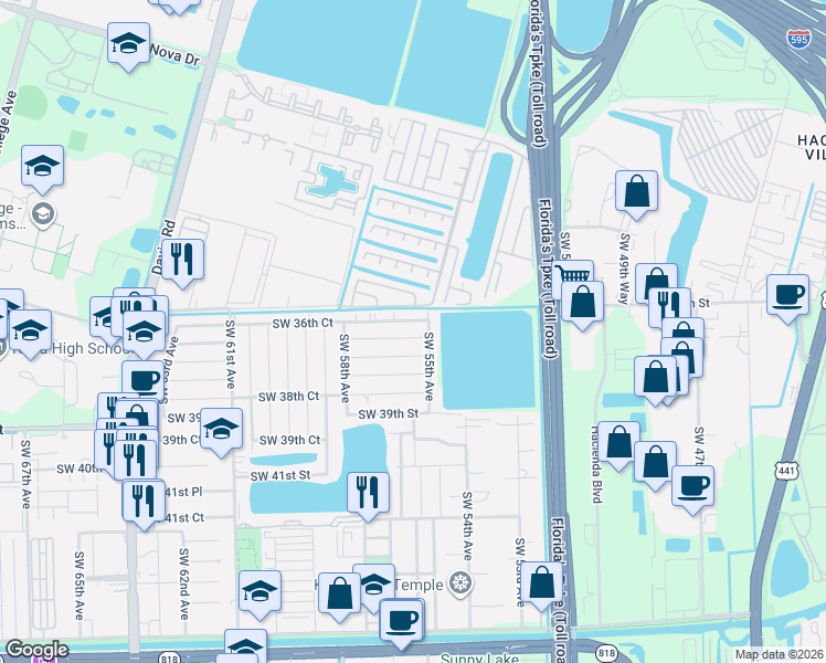 map of restaurants, bars, coffee shops, grocery stores, and more near 5600 Southwest 37th Street in Davie