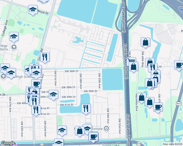 map of restaurants, bars, coffee shops, grocery stores, and more near 5600 Southwest 37th Street in Davie