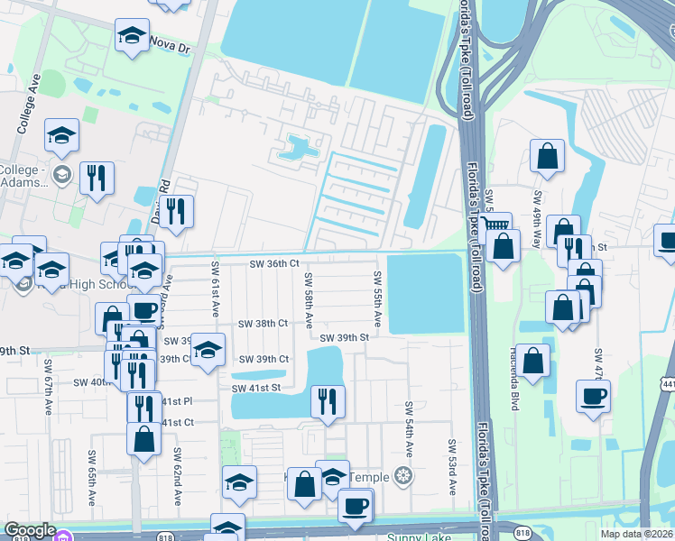 map of restaurants, bars, coffee shops, grocery stores, and more near 5720 Southwest 37th Street in Davie