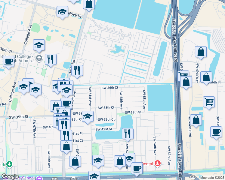 map of restaurants, bars, coffee shops, grocery stores, and more near 3700 Southwest 58th Terrace in Davie