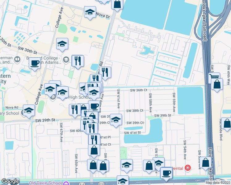 map of restaurants, bars, coffee shops, grocery stores, and more near 203 Southwest 37th Street in Davie