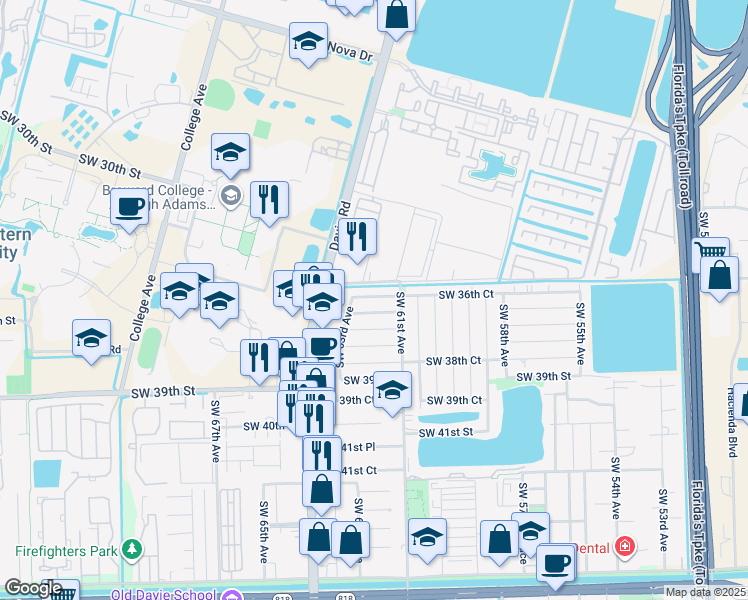 map of restaurants, bars, coffee shops, grocery stores, and more near 203 Southwest 37th Street in Davie