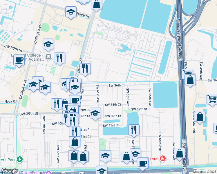 map of restaurants, bars, coffee shops, grocery stores, and more near 3682 Southwest 60th Terrace in Davie
