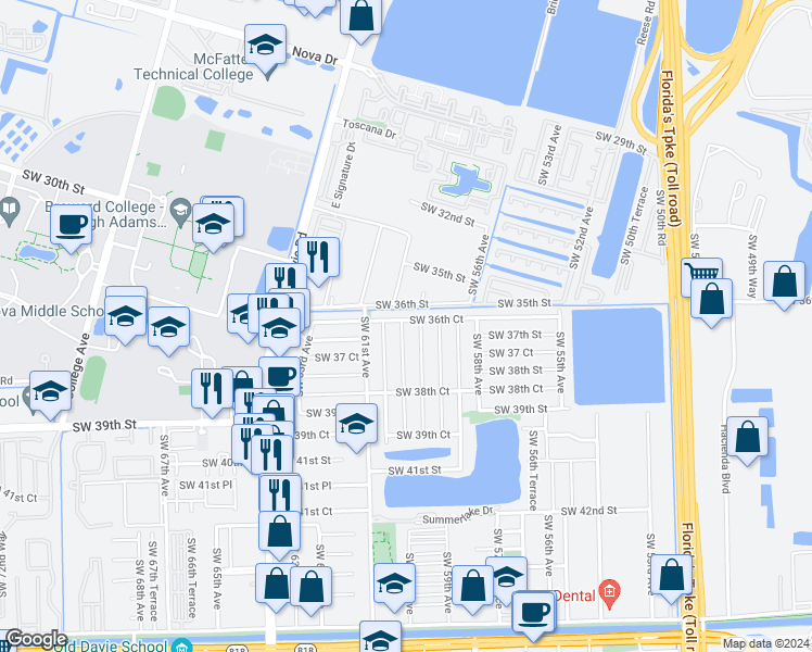map of restaurants, bars, coffee shops, grocery stores, and more near 3682 Southwest 60th Terrace in Davie