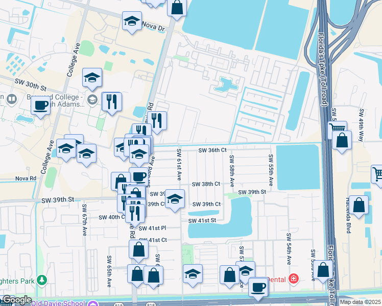 map of restaurants, bars, coffee shops, grocery stores, and more near 3682 Southwest 60th Terrace in Davie