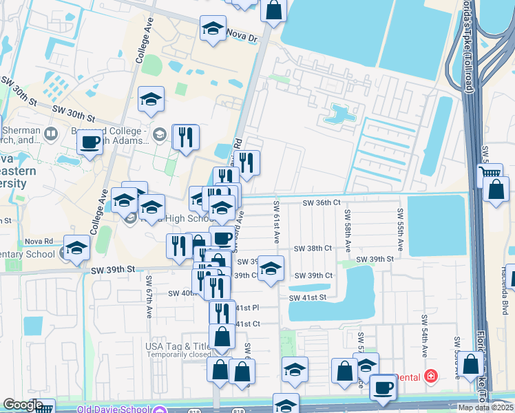map of restaurants, bars, coffee shops, grocery stores, and more near 203 Southwest 37th Street in Davie