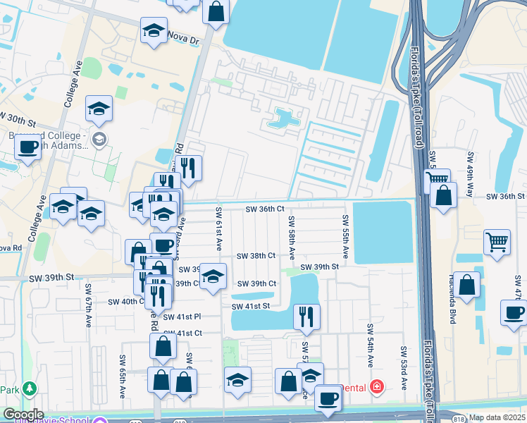 map of restaurants, bars, coffee shops, grocery stores, and more near 3686 Southwest 59th Terrace in Davie