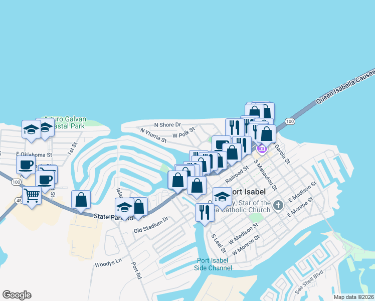 map of restaurants, bars, coffee shops, grocery stores, and more near 625A North Yturria Street in Port Isabel