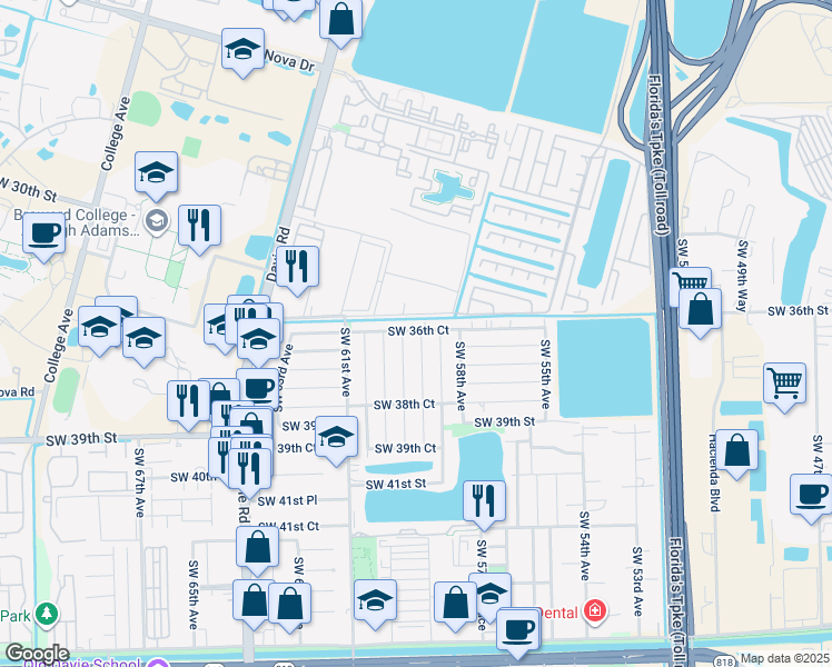 map of restaurants, bars, coffee shops, grocery stores, and more near 3686 Southwest 59th Terrace in Davie
