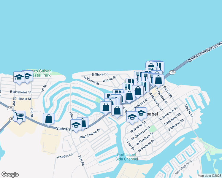 map of restaurants, bars, coffee shops, grocery stores, and more near 629 North Yturria Street in Port Isabel