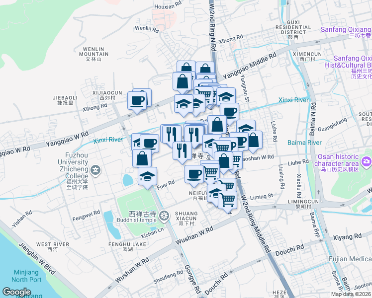 map of restaurants, bars, coffee shops, grocery stores, and more near Hong Shan Yuan Lu in Fu Zhou Shi