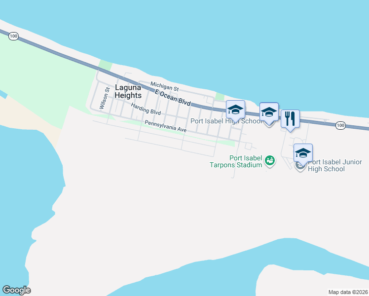 map of restaurants, bars, coffee shops, grocery stores, and more near 2631 Eliseo Villarreal Avenue in Port Isabel