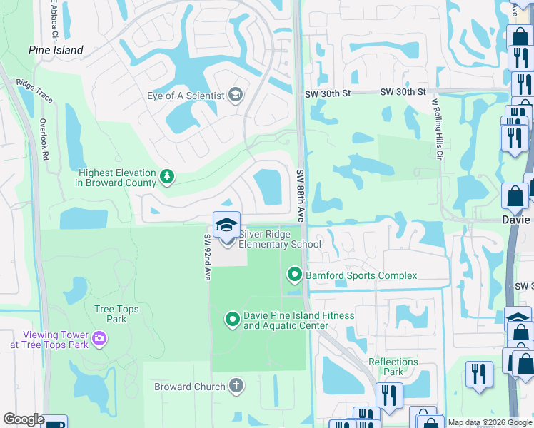 map of restaurants, bars, coffee shops, grocery stores, and more near 8831 Southern Orchard Road South in Davie
