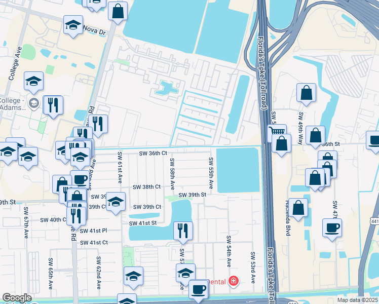 map of restaurants, bars, coffee shops, grocery stores, and more near 5351 Southwest 35th Place in Davie