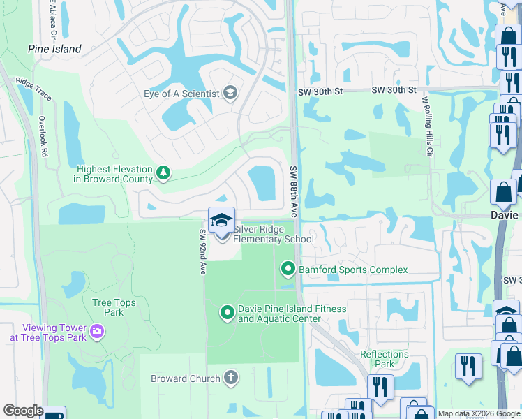 map of restaurants, bars, coffee shops, grocery stores, and more near 8831 Southern Orchard Road South in Davie
