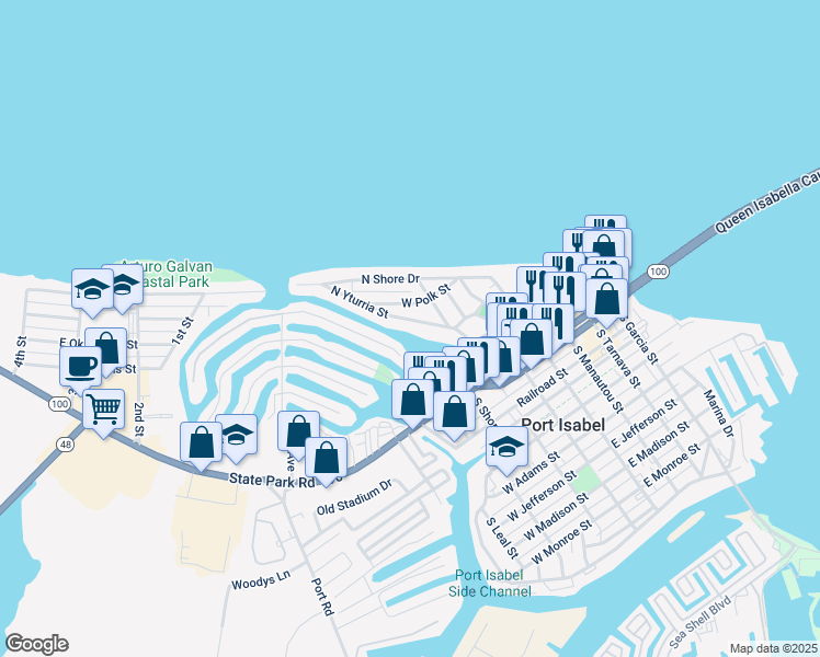 map of restaurants, bars, coffee shops, grocery stores, and more near 802 North Yturria Street in Port Isabel