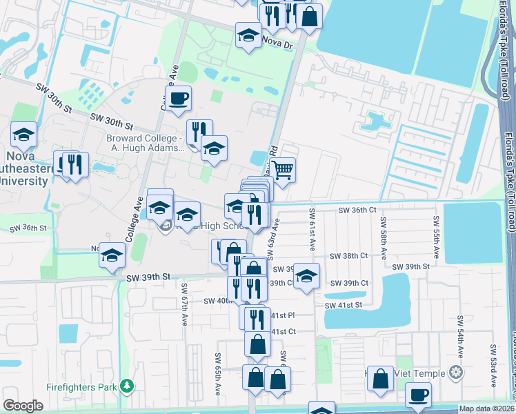 map of restaurants, bars, coffee shops, grocery stores, and more near 3501 Davie Road in Davie