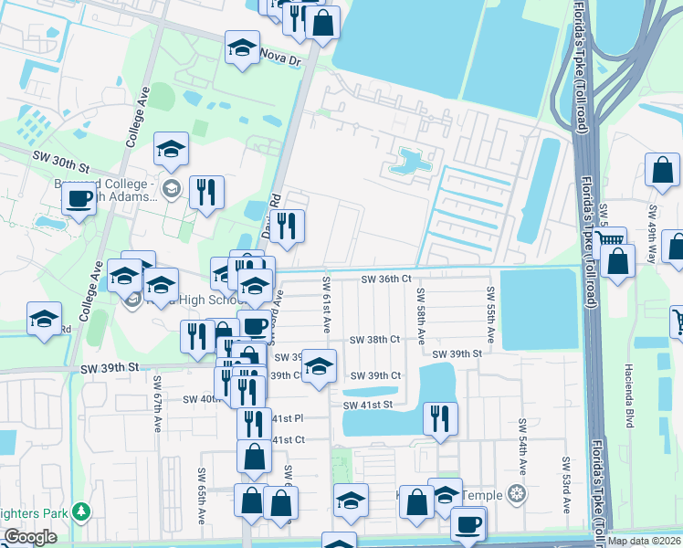 map of restaurants, bars, coffee shops, grocery stores, and more near 6041 Southwest 36th Court in Davie