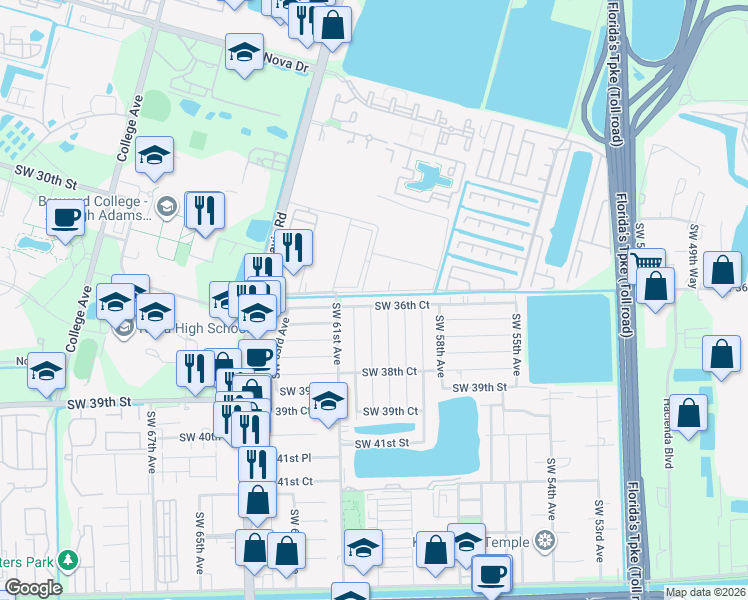 map of restaurants, bars, coffee shops, grocery stores, and more near 6041 Southwest 36th Court in Davie