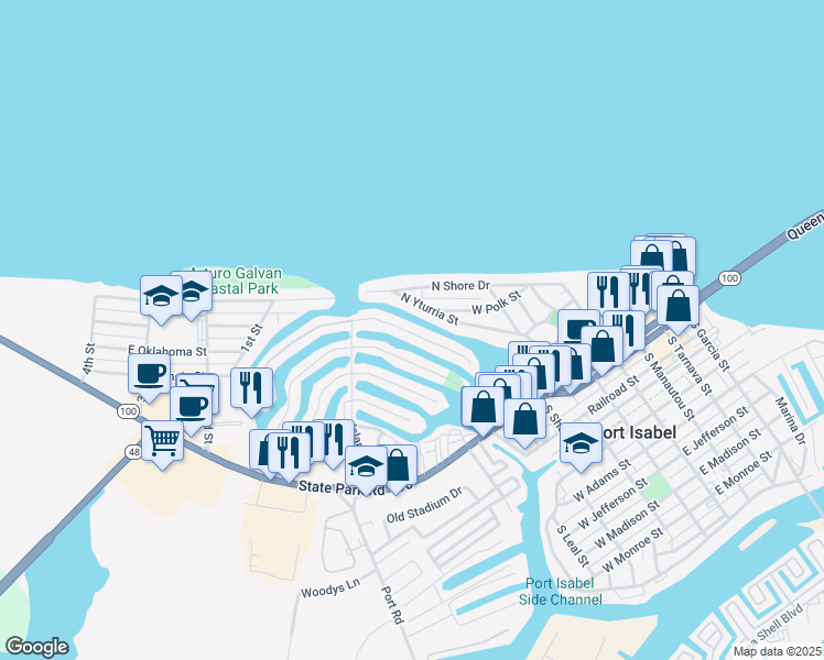 map of restaurants, bars, coffee shops, grocery stores, and more near 919 North Yturria Street in Port Isabel