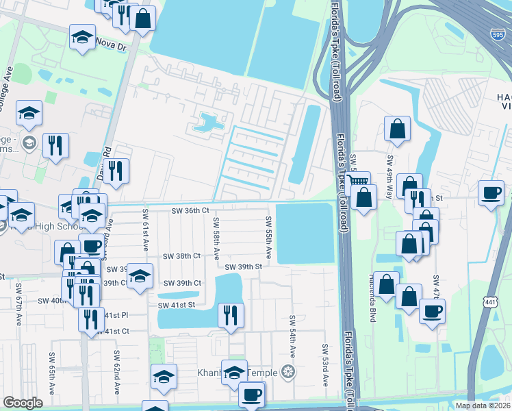 map of restaurants, bars, coffee shops, grocery stores, and more near 5611 Southwest 36th Court in Davie