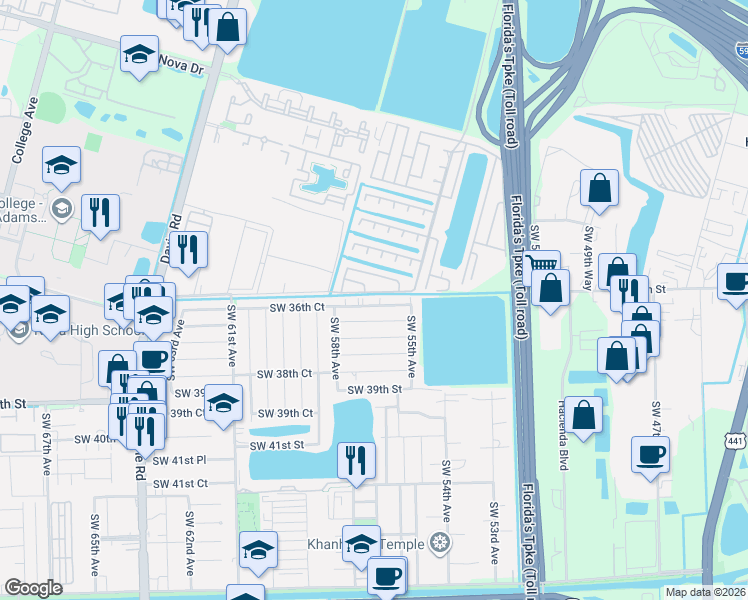 map of restaurants, bars, coffee shops, grocery stores, and more near 5358 Southwest 35th Manor in Davie