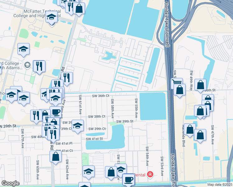 map of restaurants, bars, coffee shops, grocery stores, and more near 5351 Southwest 35th Place in Davie