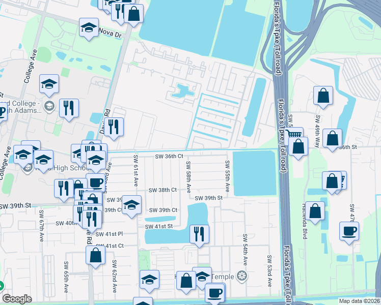 map of restaurants, bars, coffee shops, grocery stores, and more near 5831 Southwest 35th Street in Davie
