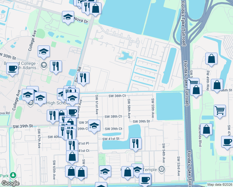 map of restaurants, bars, coffee shops, grocery stores, and more near 35 The Common in Davie
